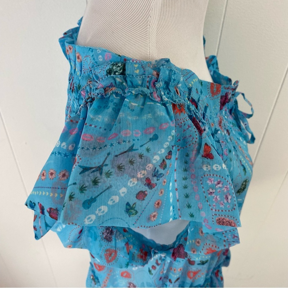 Zadig & Voltaire Tutti Print Psyche  Ruffle Sheer Top SZ XS Blue Novelty Print - Picture 10 of 16